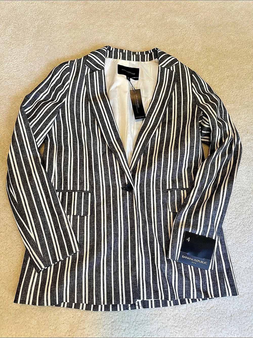 Banana Republic Stretch Linen Stripe Blazer Black & White Size 4